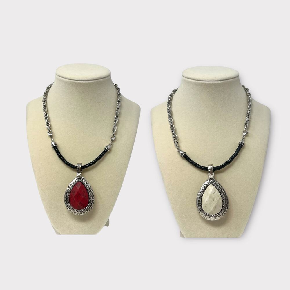 Premier Designs Reversible Teardrop White & Red  Pendant Silver Chain